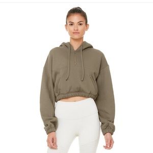 Alo Stadium Half Zip Hoodie in Olive Green